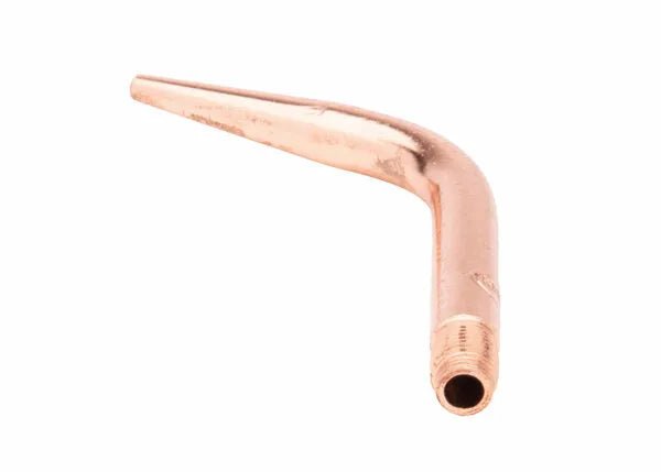 A Harris Model 23A90 copper welding/brazing tip with a bent shape and threaded end, designed for use with acetylene and hydrogen, isolated on a white background.