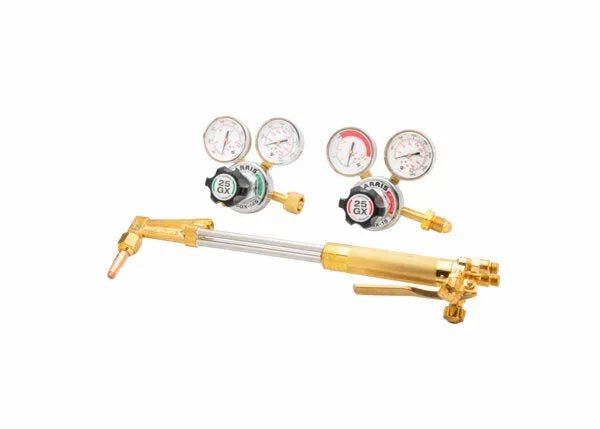 Harris Model 25GX Cutter Pac CGA 540/510 welding torch set, with gas regulators and hose connectors, shown on white background.