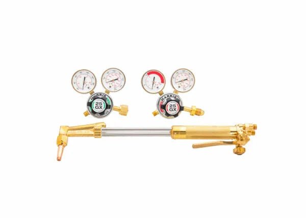 Harris Model 25GX Cutter Pac welding regulator set with 4 pressure gauges, valves, and handles for oxygen-acetylene control.