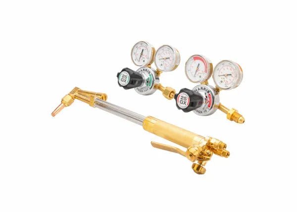Harris Model 25GX Cutter Pac CGA 540/510 welding torch kit with dual-gauge regulators, precision knobs, on white background.