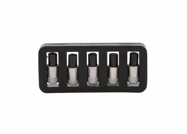 A set of five cylindrical metal Harris Model 26-L Ignitor Renewal Flints (9004484) with knurled grips, neatly arranged in a black plastic holder. Each flint is spaced and partially enclosed for easy use with Harris or single flint ignitors.
