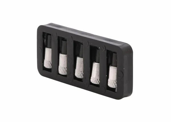 The Harris Model 26-L Ignitor Renewal Flints (9004484) come in a black plastic holder containing four clear glass vials with white powder and black caps, ideal as replacement flints for your Harris Ignitor.