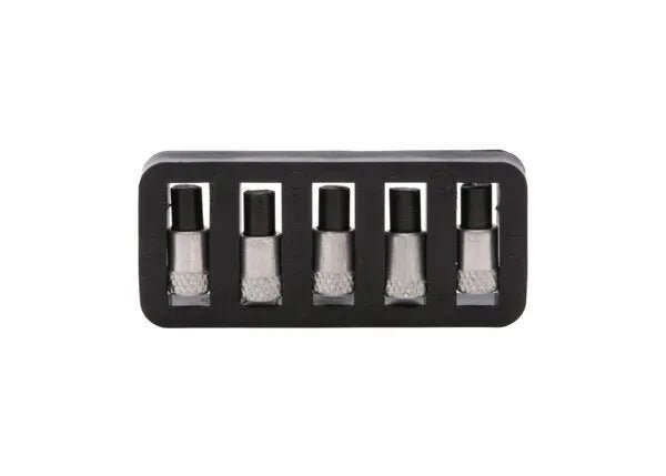 A black plastic holder contains five Harris Model 26-L Ignitor Renewal Flints (9004484), each with a silver knurled base and smooth black top, arranged in a row against a white background.