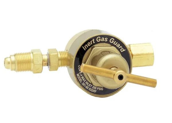 Harris 301-80-IGGRFNG-032 gas guard regulator with pressure knob, connectors for welding, WeldingMart welding tool, white background.