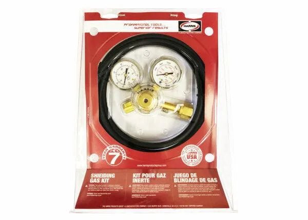 Harris 301 Flowgauge Regulator Shielding Gas Kit with black hose, brass fittings, trilingual packaging for welding tools.