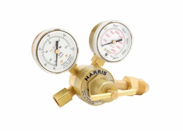 Harris 3000163 301-Ar60-580 single stage flowgauge regulator for welding, dual gauges, knobs, threaded for gas control.