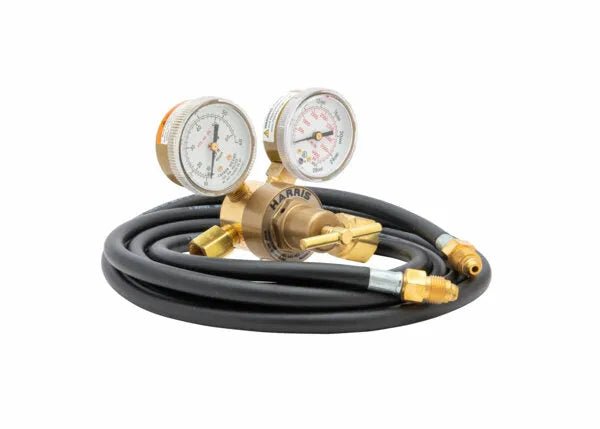 Harris 4400231 welding gas regulator kit with dual gauge brass flowgauge, long black hose, metal connectors on white background.