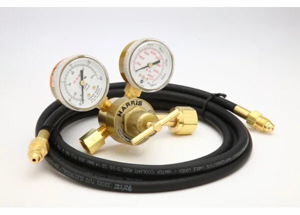 Harris Flowgauge Regulator Shielding Gas Kit with brass regulator, dual gauges, black hose—accurate welding gas control tool.