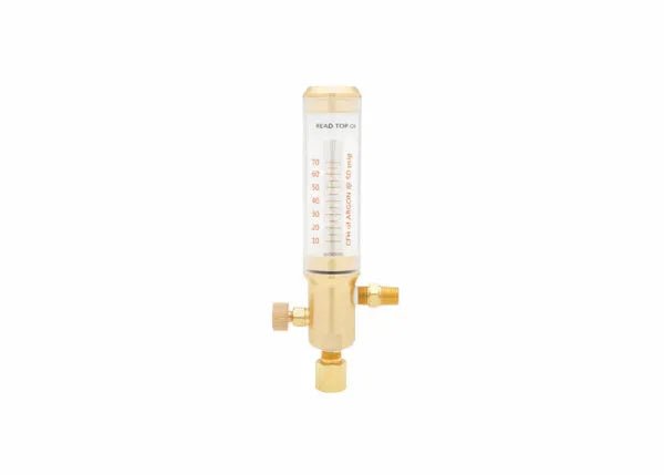 The Harris 5400839 - 32 Three-Gas Flowmeter features a brass body, clear vertical tube marked in red for argon, carbon dioxide, or nitrogen, two adjustment knobs at the base, and a fitting at the bottom. Tube labeled READ TOP OF.