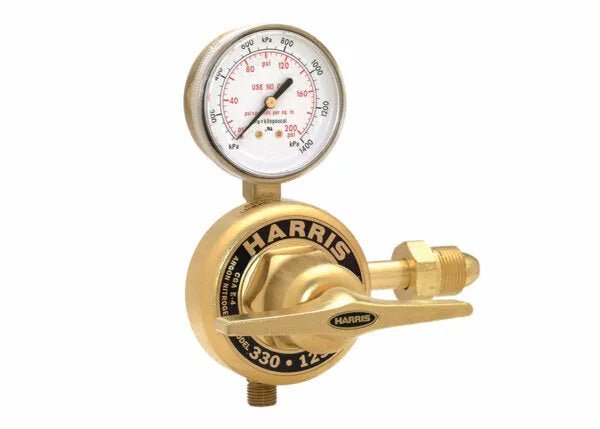 A brass Single Stage Flowgauge Regulator with a pressure gauge on top, labeled HARRIS. The gauge displays 0 to 4000 PSI, ideal for use with high pressure cylinders. A large adjustment knob with HARRIS branding is on the front.
