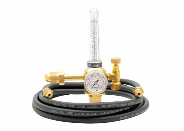Harris Flowmeter Regulator Shielding Gas Kit with brass regulator, gauge, flow meter, and hose for welding equipment.