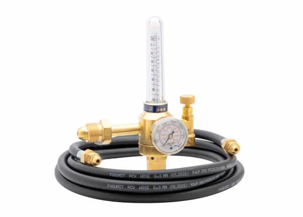 Harris 4400234 Flowmeter Regulator Shielding Gas Kit for welding, with pressure gauge and coiled hose, brass connectors, white background.