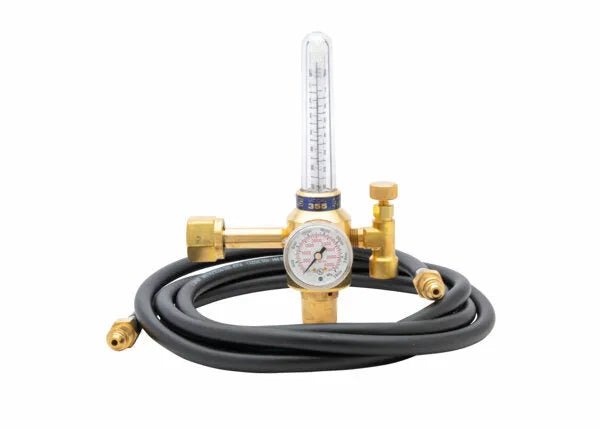 Harris 4400234 Flowmeter Regulator Shielding Gas Kit with gauge, flow meter, hose, connectors for welding set on white background.