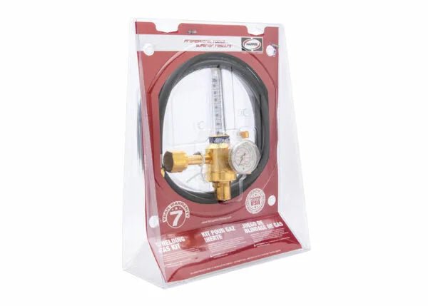 Harris 4400234 welding flowmeter regulator gas kit in clear packaging, red background, gauge, hose, and certification logos.