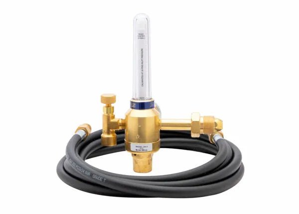 Harris 4400234 welding flowmeter regulator kit with brass body, clear tube, black hose—ideal shielding gas accessory.