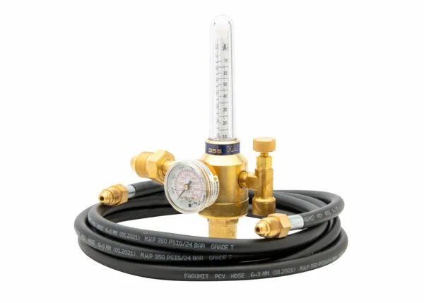 Harris 4400234 flowmeter regulator shielding gas kit for welding, with brass regulator, gauge, hose & connectors on white background.