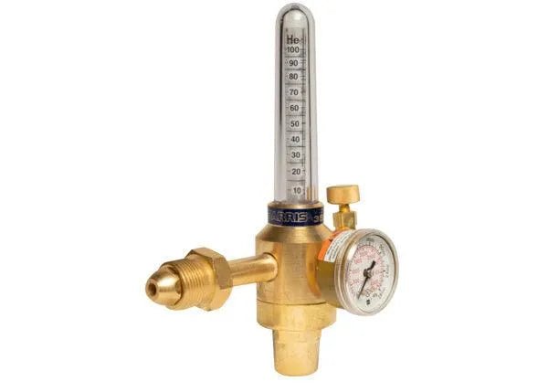 The Harris 3104201 - 355-2H2-350 is a brass pressure-compensated flowmeter regulator with a helium gas gauge, vertical flow tube (He 0–100), and multiple adjustment knobs and connectors.