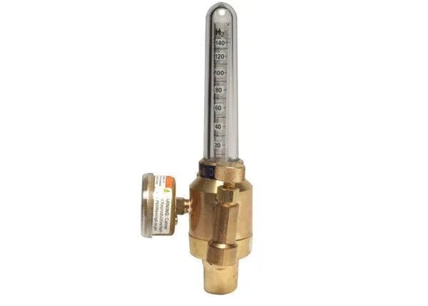 The Harris 3104201 - 355-2H2-350 pressure compensated flowmeter regulator has a brass body, vertical transparent tube with numerical markings, side gauge, and threaded connectors for simple pipe or hose attachment.