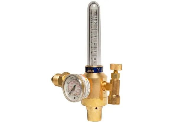 The Harris 3104201 - 355-2H2-350 Pressure Compensated Flowmeter Regulator features a brass body, pressure gauge, flow meter, and adjustment knob for precise gas control in welding or lab applications.