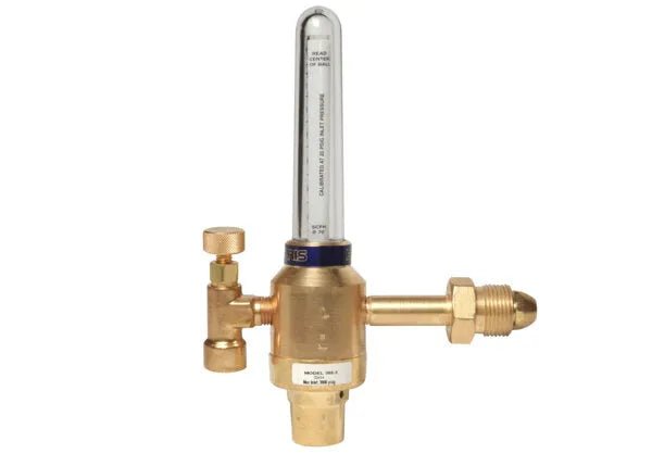A UL listed brass gas flow meter, such as the Harris Model 355-2He-580, features a clear vertical tube, side adjustment knob, and threaded connections. This pressure compensated flowmeter regulator is ideal for attaching to equipment or gas cylinders.