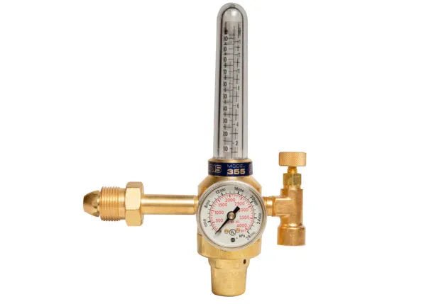 A brass gas regulator with a pressure gauge, flow meter, and adjustment knobs, the Harris Model 355-2He-580 is a UL listed, pressure compensated flowmeter regulator ideal for welding or gas control applications.