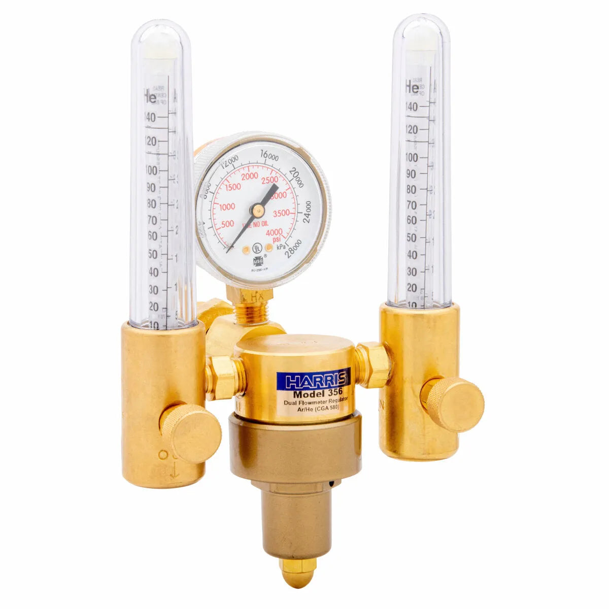 A brass dual flowmeter regulator with vertical argon helium flowmeter tubes, a central pressure gauge, and adjustment knobs, labeled Harris Model 356.