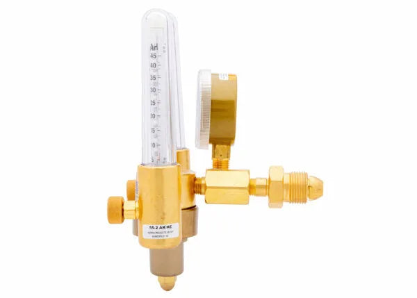 A brass Harris Model 356 dual flowmeter regulator with a pressure gauge and a vertical glass argon helium flowmeter marked with measurements. The device features several adjustment knobs and connectors for attaching to equipment.