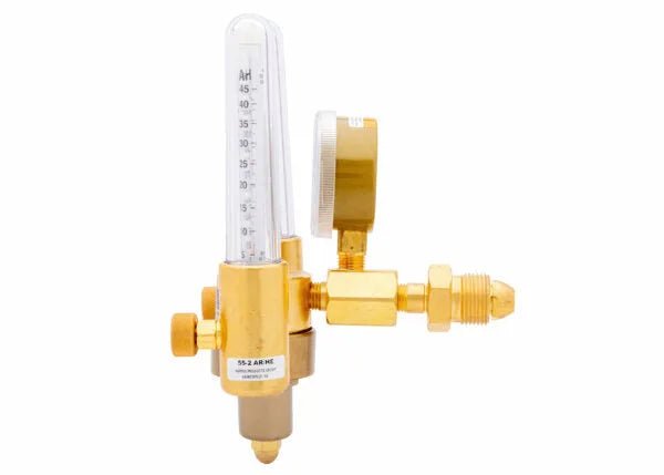 A brass Harris Model 356 dual flowmeter regulator with a pressure gauge and a vertical glass argon helium flowmeter marked with measurements. The device features several adjustment knobs and connectors for attaching to equipment.