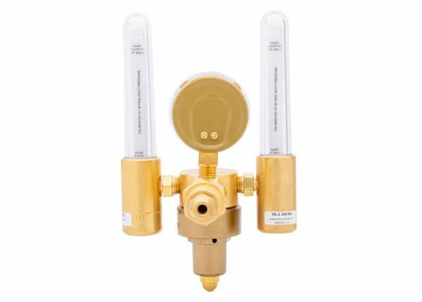 Brass Harris Model 356 dual flowmeter regulator with two vertical transparent flow tubes and a central pressure gauge, ideal as an argon helium flowmeter for measuring and controlling gas flow in industrial applications.
