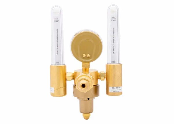 Brass Harris Model 356 dual flowmeter regulator with two vertical transparent flow tubes and a central pressure gauge, ideal as an argon helium flowmeter for measuring and controlling gas flow in industrial applications.
