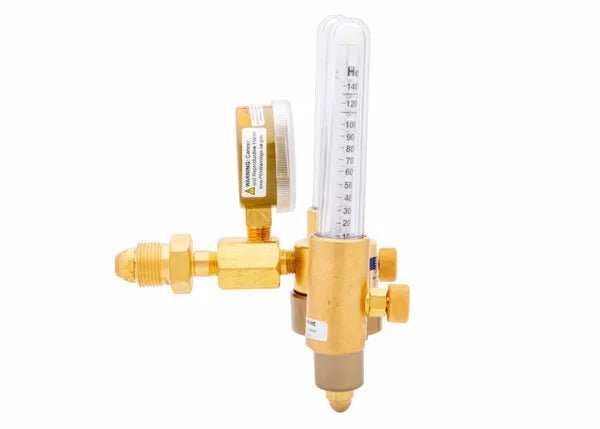 A brass argon helium flowmeter with a pressure gauge and a vertical transparent tube marked with measurement units, attached to various valves and connectors. The flowmeter is labeled for use with helium gas; comparable to the Harris Model 356.