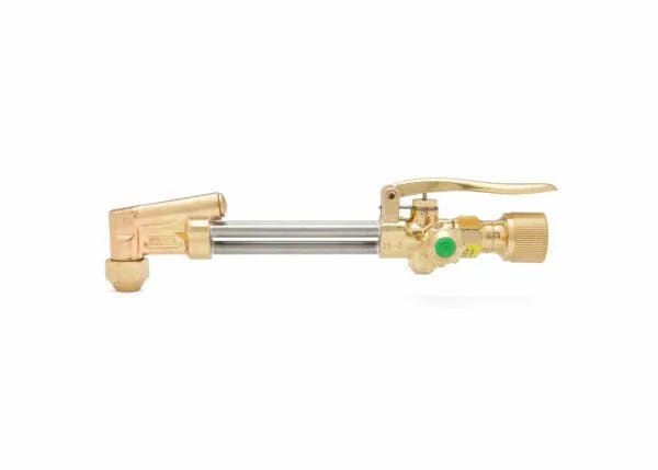 The Harris Model 36-2 All Fuel Gases Cutting Attachment (1300020) features a brass body, side lever, green button, grooved knob, and two metal tubes. It connects to cutting attachments with an industrial style. Shown on a plain white background.