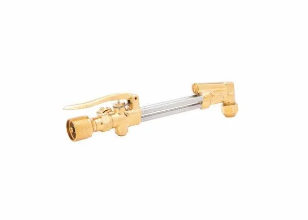 The Harris Model 36-2 All Fuel Gases Cutting Attachment (1300020) is shown on a white background. This brass and silver tool features a lever handle, nozzle, dual barrel design, adjustment knobs, and fittings for versatile use with all fuel gases.