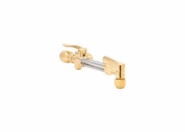 A gold and silver metallic rifle bolt with a cylindrical body, rounded knobs, and a lever handle evokes the precision of the Harris Model 36-2 All Fuel Gases Cutting Attachment (1300020), shown isolated on a white background.