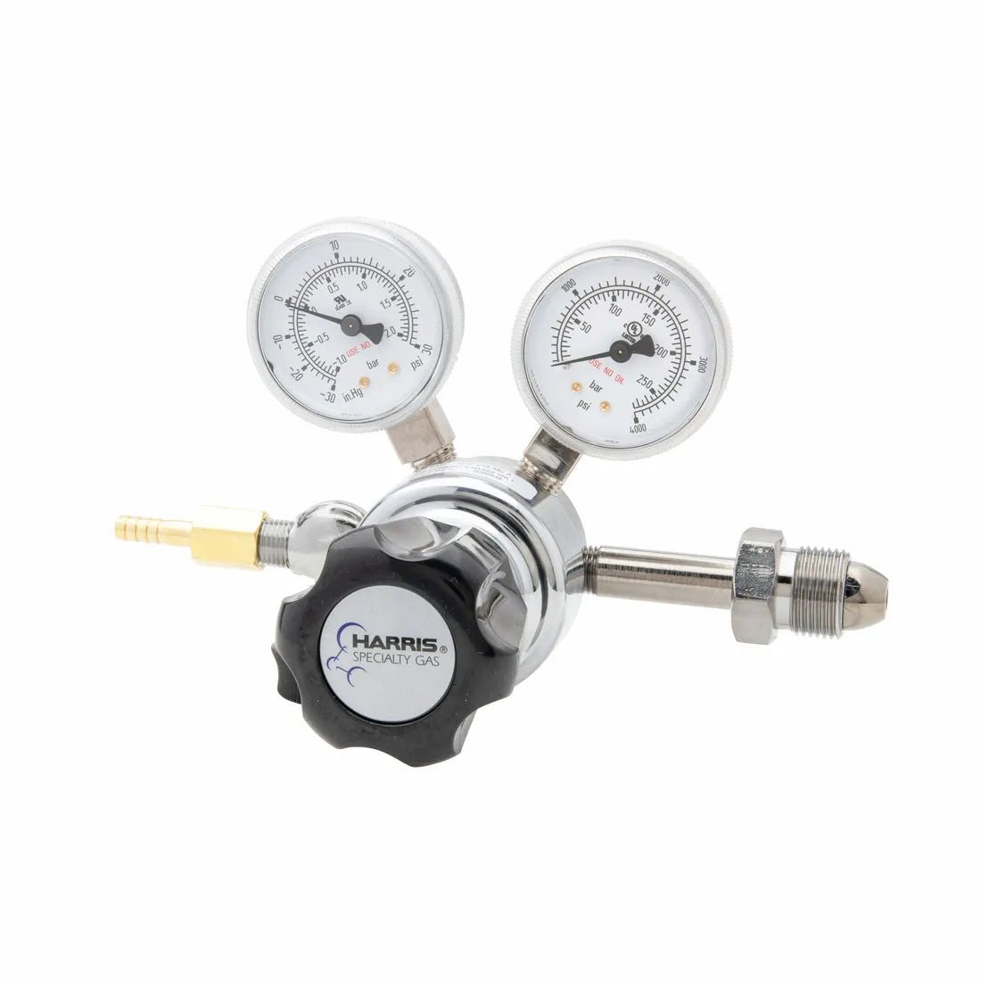 Harris 401C-015-580-A Argon/Helium/Nitrogen welding regulator, single stage, dual gauges, neoprene diaphragm, metal fittings.