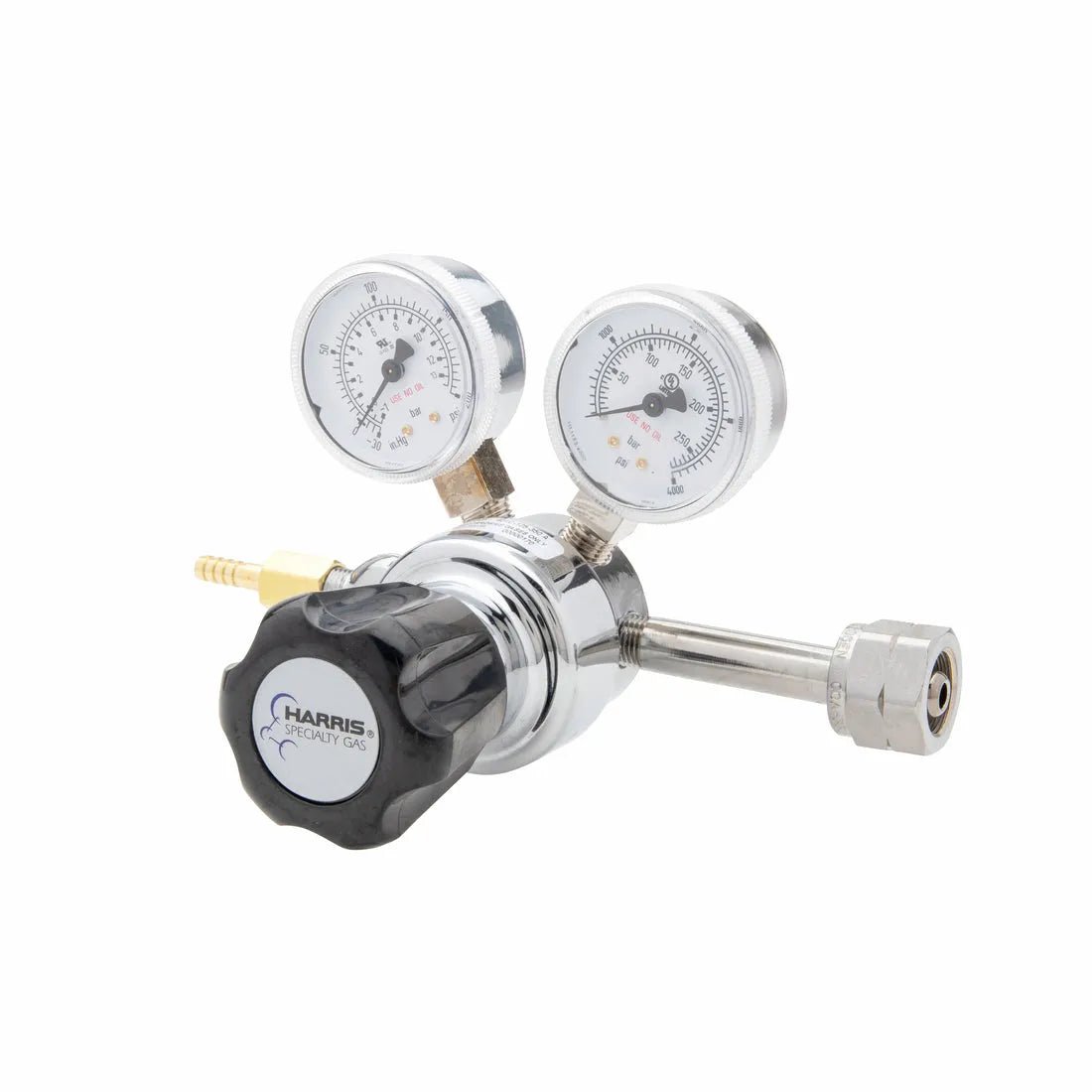 Harris 401C-125-350-A welding gas regulator with neoprene diaphragm, dual gauges, adjustment knob & hose connectors on white.