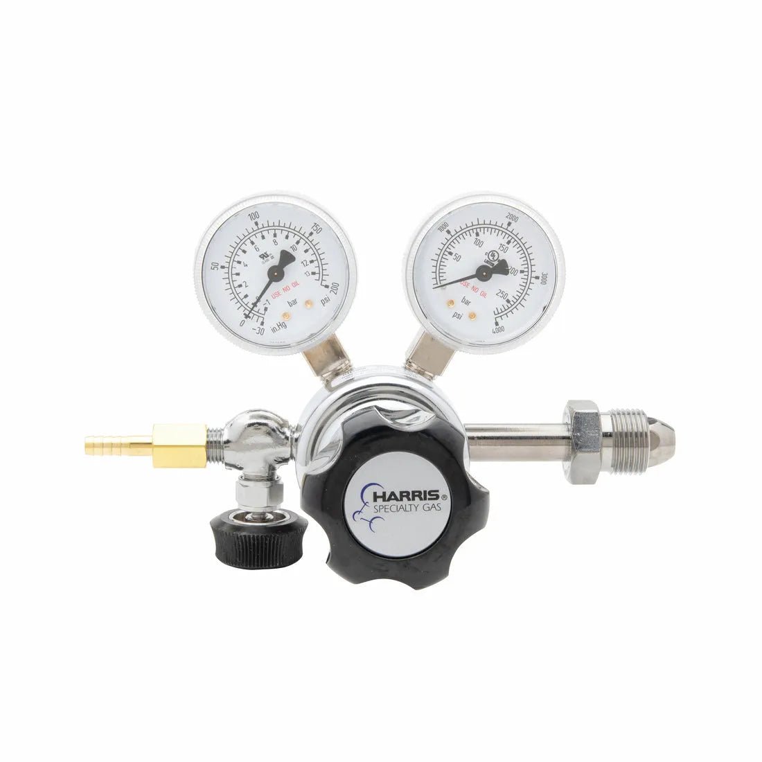 Harris 401C-125-580-A Argon/Helium/Nitrogen welding regulator with dual gauges, black knob, neoprene diaphragm, chrome fittings.