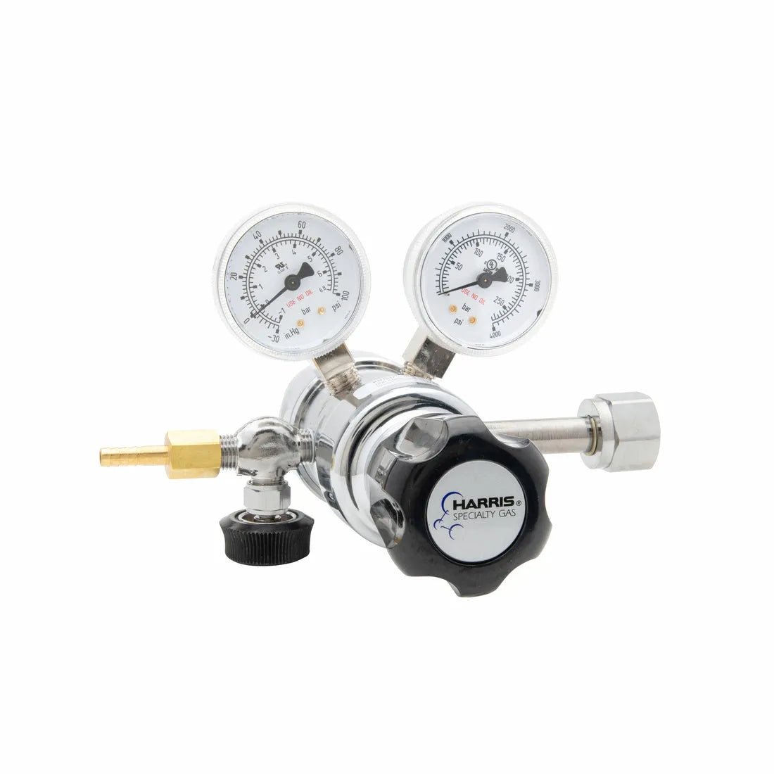 Harris 402C-050-320-A CO2 welding regulator with dual gauges, durable brass connectors, black control knob on white background.