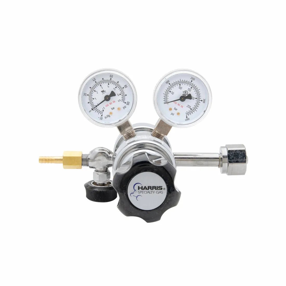 Harris 402C-050-346-A air regulator for welding, brass body, dual gauges, black knob, brass/silver connectors, on white background.