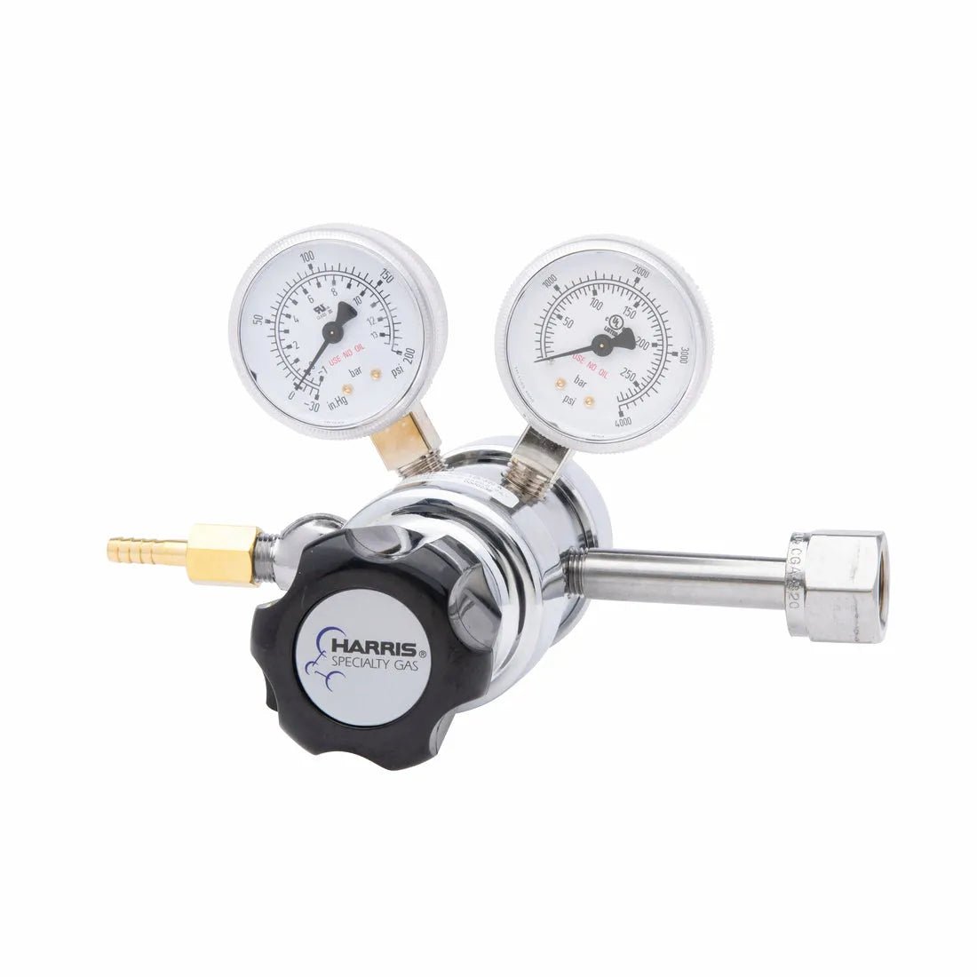 Harris 402C-125-320-A CO2 Regulator for welding, dual gauges, control knob, brass connector—reliable welding accessory.