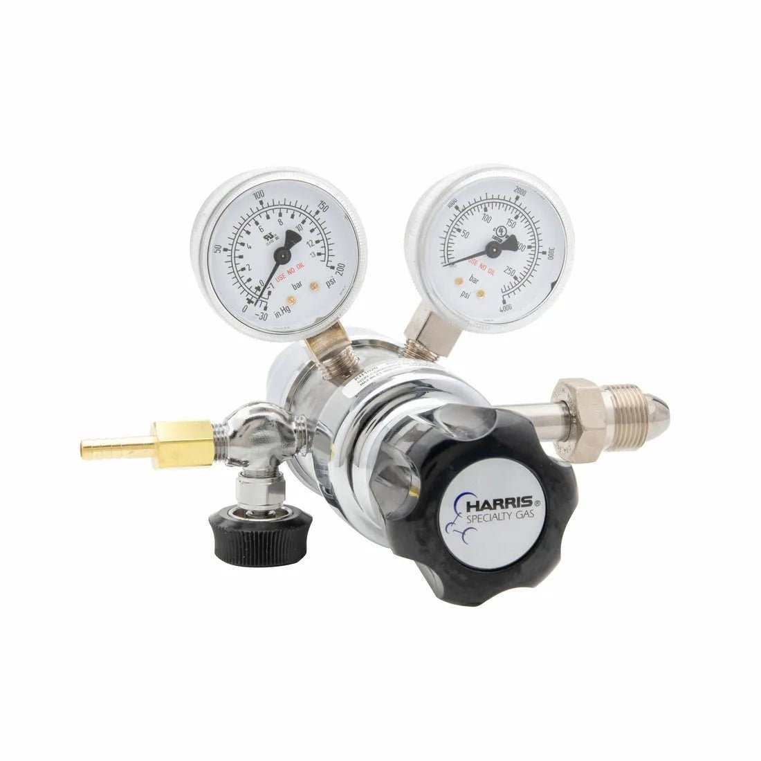 Harris 402C-125-580-A Argon/Helium/Nitrogen welding regulator with brass body, dual gauges, and precise control knob.