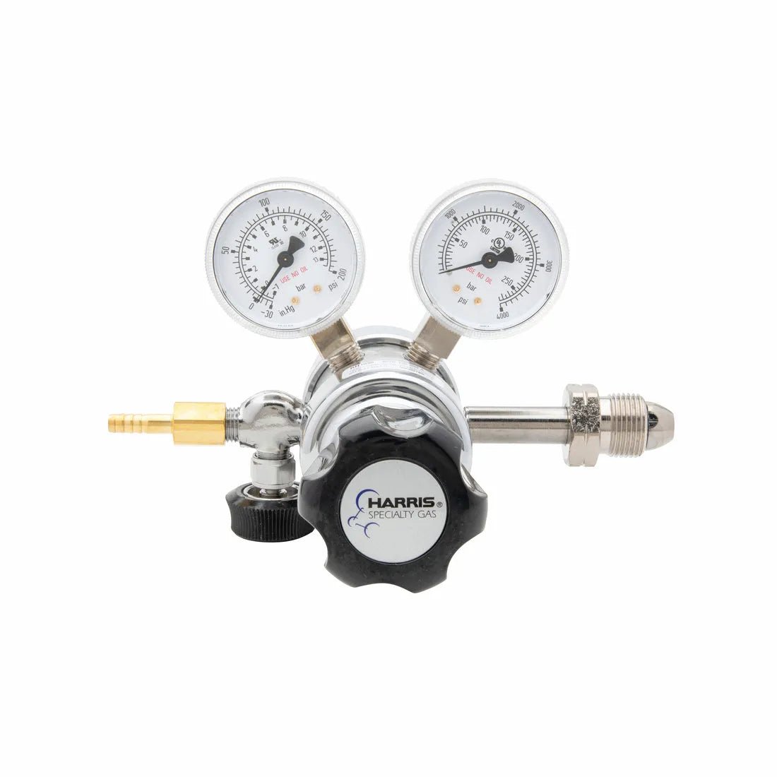 Harris 402C-125-590-A Oxygen/Nitrous Oxide Regulator for welding, with dual gauges and brass fittings, on white background.
