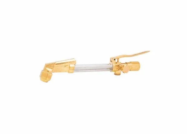 A brass and transparent plastic garden hose nozzle with an angled tip, adjustable flow control knob, and lever handle, reminiscent of the precision found in the Harris Model 49-3AF low pressure injector mixing system, isolated on a white background.