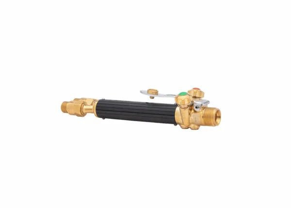 The Harris 1401590 50-10 Automatic Torch Handle is a medium-duty brass and black torch handle with FlashGuard check valves and top-mounted controls, ribbed grip, and threaded brass ends—ideal for industrial or welding use.