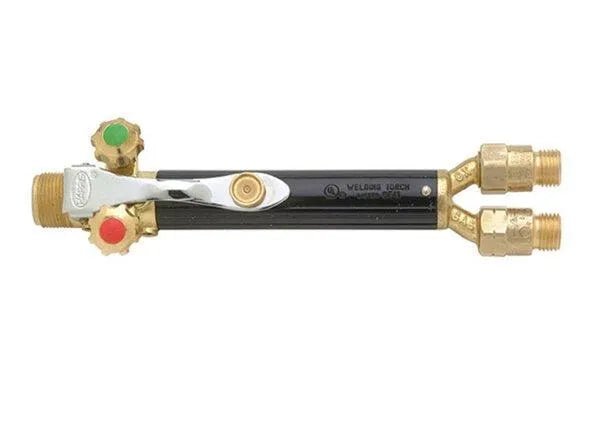 The Harris 1401585 50-9 Automatic Torch Handle features brass and black construction, FlashGuard check valves, three color-coded control valves, and brass nozzle connectors for welding and brazing tasks.