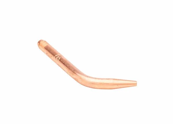 A tellurium copper welding/brazing tip with a slight bend and narrow nozzle, copper-colored and designed for precision, is positioned on a white background.