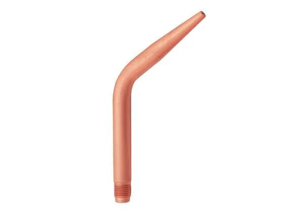 The Harris Model 5090-3N-AN Welding/Brazing Tip (1600134) features a smooth, polished copper tube of tellurium copper with a threaded end, sharp angled nozzle, and slanted tapered tip for precision welding or brazing.