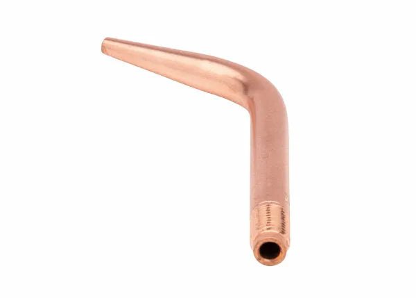 The Harris Model 5090-8N-AN Welding/Brazing Tip (1600136) is a tellurium copper fitting with one threaded end, a sharply angled shape, and a polished finish, shown here on a plain white background.