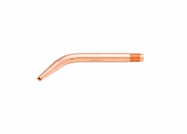 The Harris Model 5090-8N-AN Welding/Brazing Tip (1600136) features a single curved tellurium copper pipe with a threaded right end and an open, angled left tip, displayed against a plain white background.