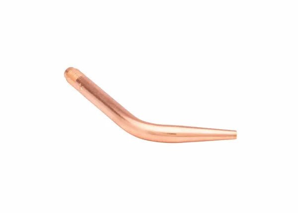 The Harris Model 5090-8N-AN Welding/Brazing Tip (1600136), made from tellurium copper, has a smooth, bent tube with a threaded end for attachment and a tapered narrow opening, shown isolated on a white background.